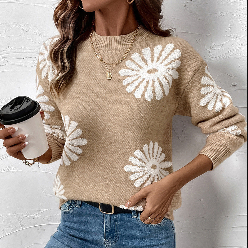 Women's Long Sleeve Round Neck Flower Sweater Loose