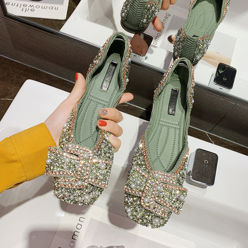 Gentle Flat Rhinestone Single Shoe New Fairy Pearl