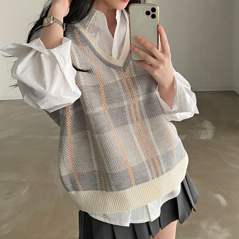 Autumn And Winter Plus Size Plaid Knitted Vest Sweater