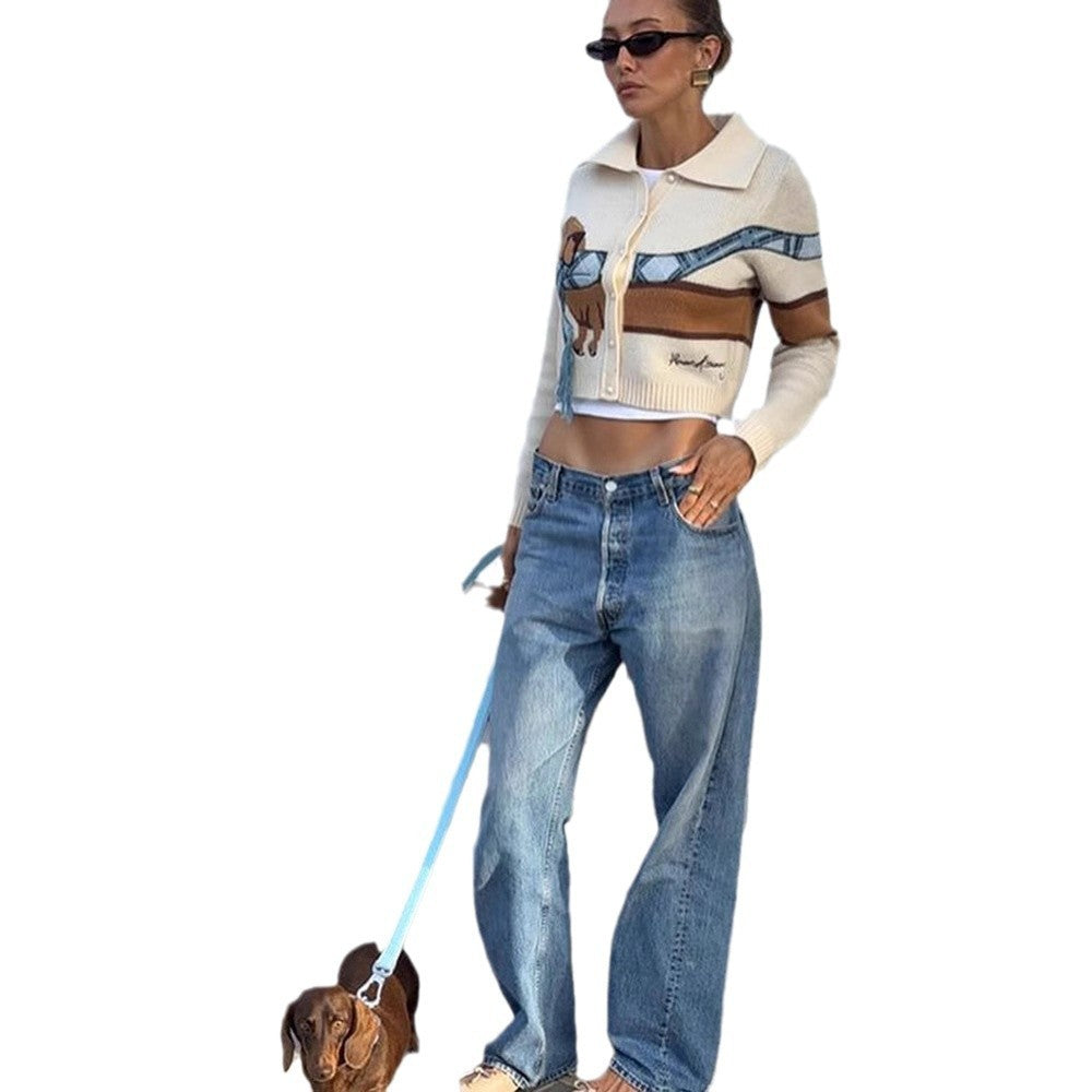 Women's Cute Short Lapels Puppy Sweater