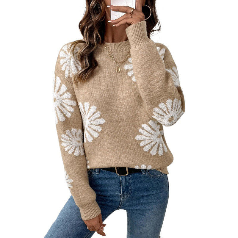 Women's Long Sleeve Round Neck Flower Sweater Loose