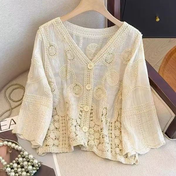 French Crochet Hollowed-out V-neck Lace Sweater