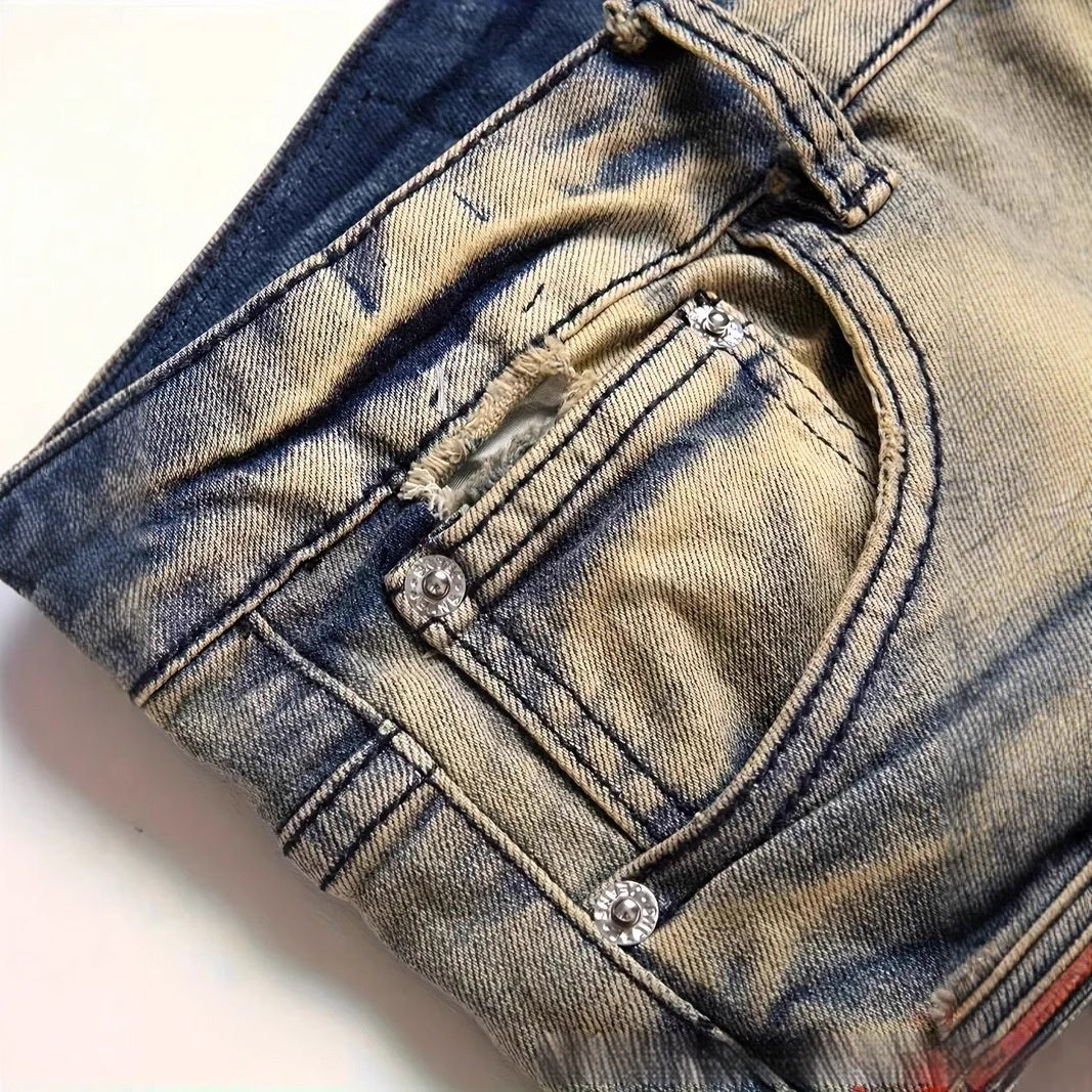 Slim-fit Stretch Ripped Embroidered Vintage Patch Jeans