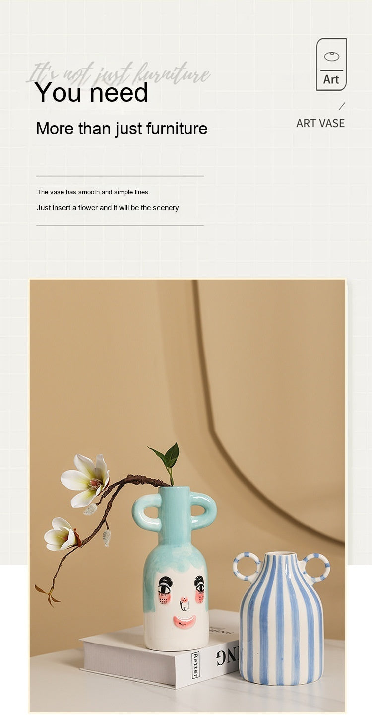 Striped Binaural Ceramic Vase Cute Smiling Face Decorative Decoration Pottery Pot