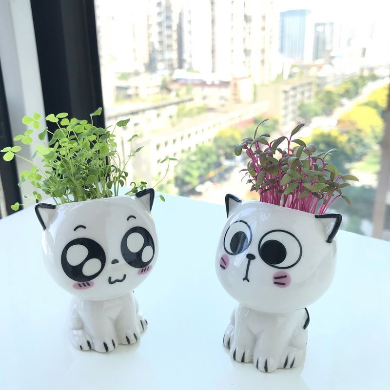 Children Planting Small Potted Plants Decoration Desktop Cute Cat Doll DIY Long Grass Plant