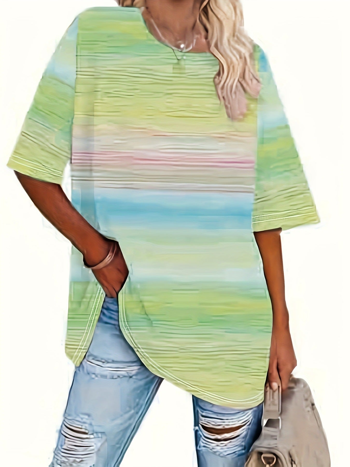 Round Neck Short Sleeve Gradient Print Loose Short Sleeve
