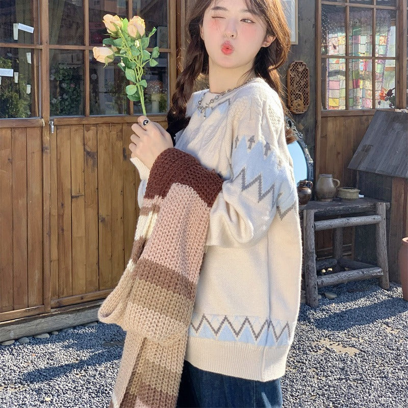 Loose Korean Style Rhombus Knitted Top