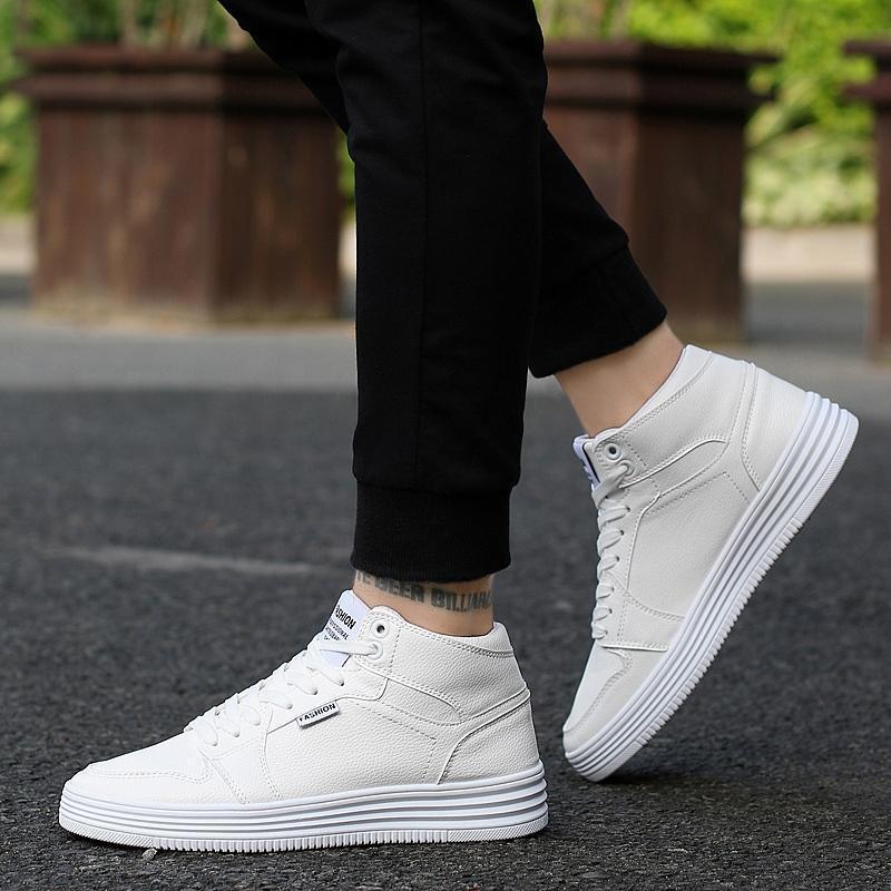 Round Head High-Top Strap Flat White Shoes Men