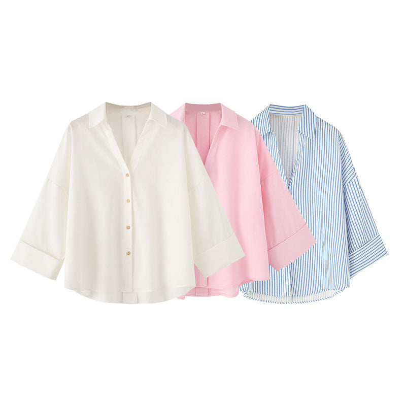 Linen Blended Wide Sleeve V-neck Temperament Shirt