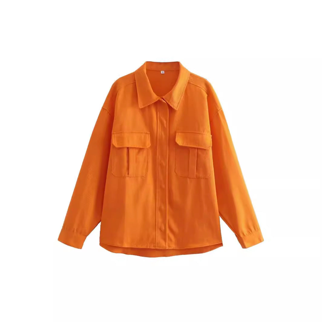 Oversized Loose Orange Imitation Denim Single-breasted Large Pocket Long Sleeve Women's Shirt