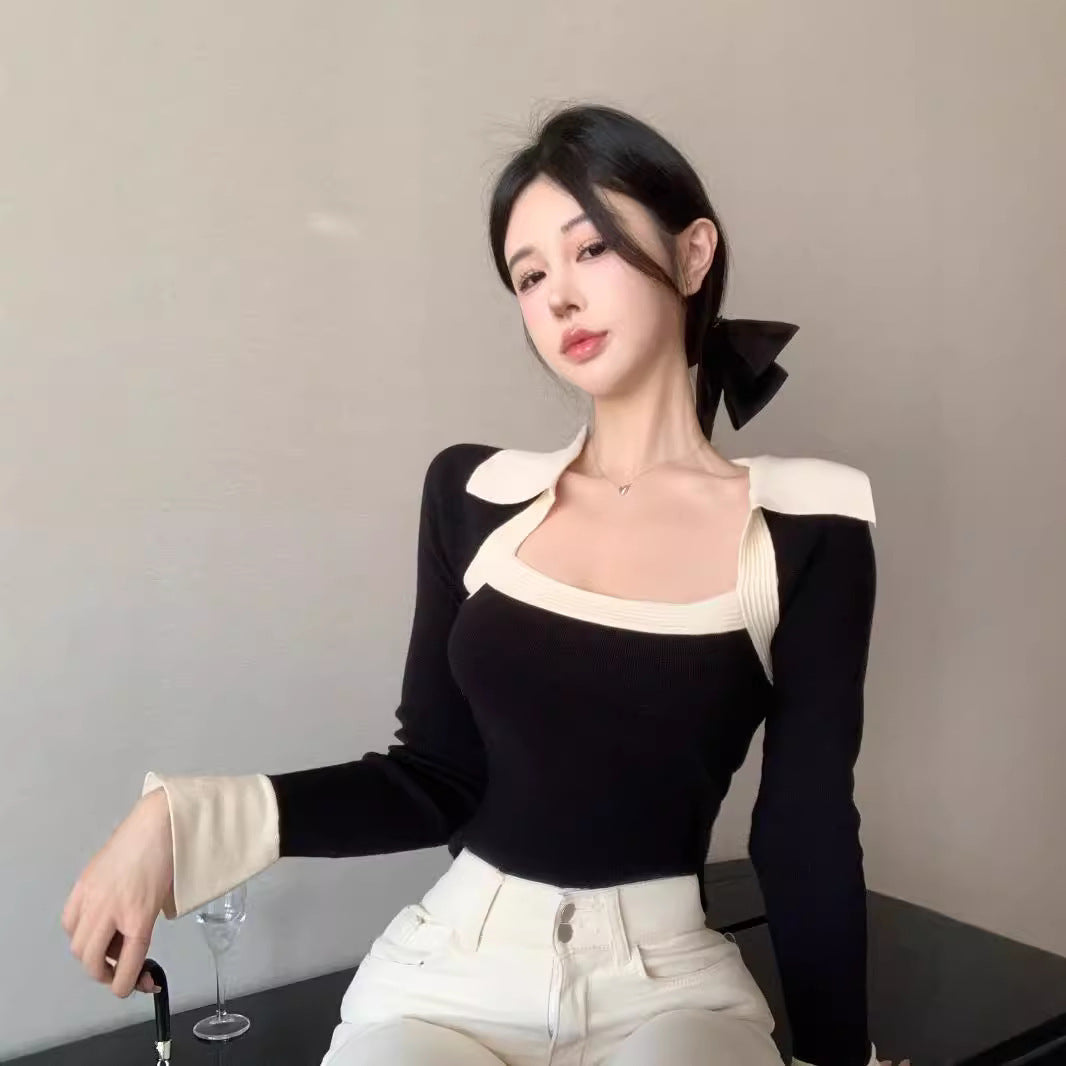 Women's Contrast Color Square Collar Long Sleeve Knitwear