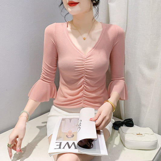 Korean Style Fashionable Printed Ruffle Sleeve Wrinkle-closing Slim Fit Small Shirt Top