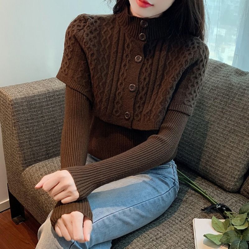 Women's Half Turtleneck Western Style Cable-knit Sweater Top