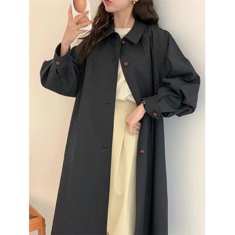 Retro A- Line Lantern Sleeve Mid-length Trench Coat For Women
