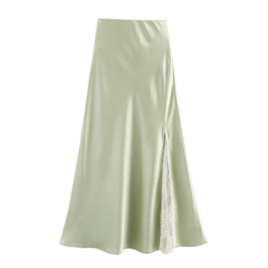 One-side Lace Satin Fishtail Skirt Long Skirt
