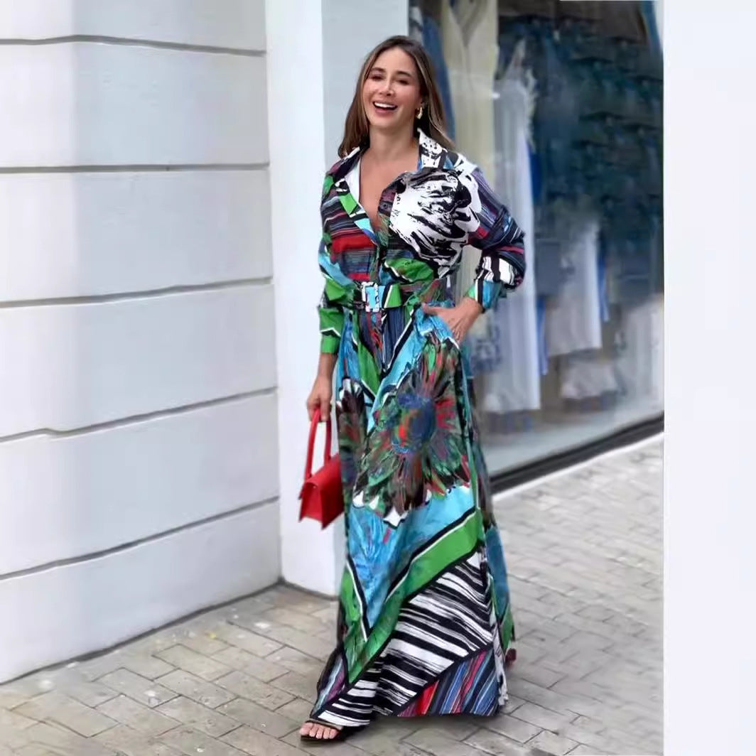 Printed Dress Long Sleeve Cardigan Belt Long Dress