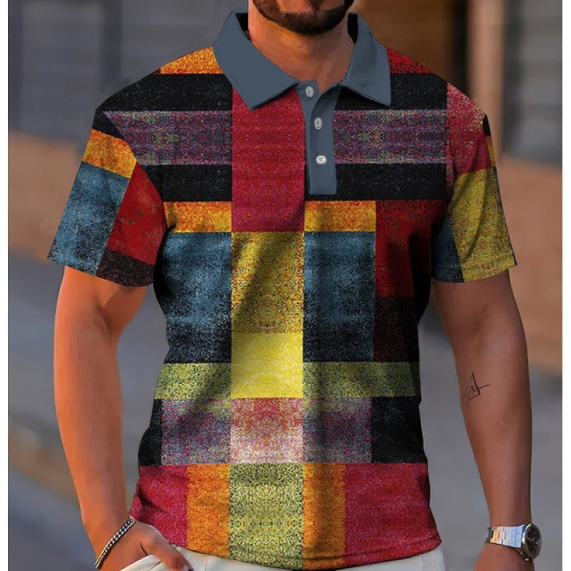 Men's Button Polo Shirt Plaid Lapel Printed Short Sleeve