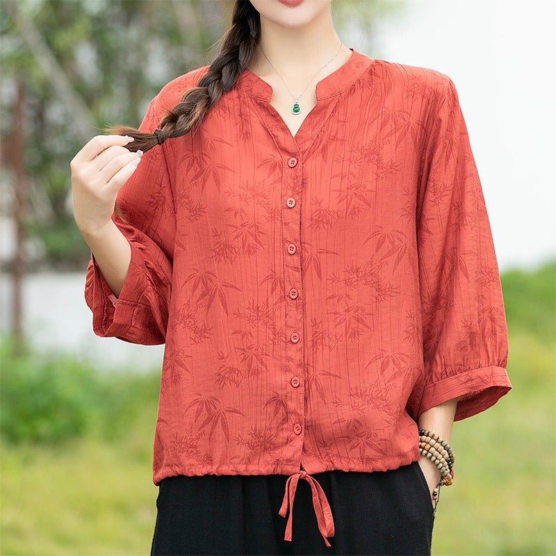 Multi-Color V-neck Pleated Loose Short Sleeve Shirt