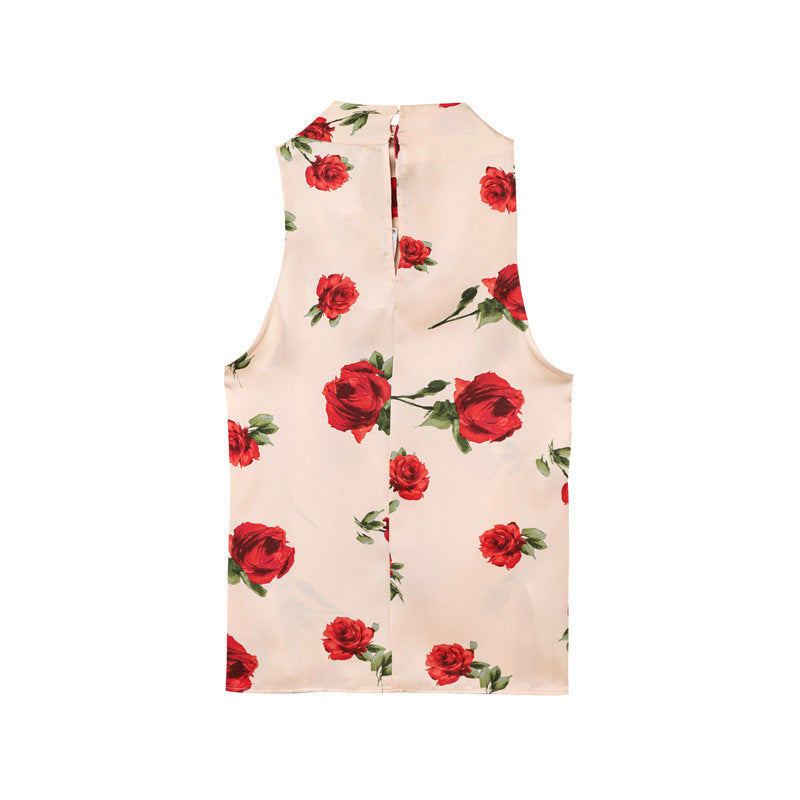 Straight Floral Print Backless Hanging Collar Satin Sleeveless Shirt