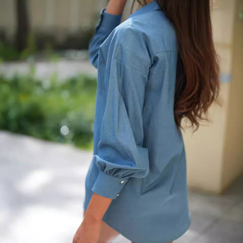 Button Long Sleeve Simple Shirt Women