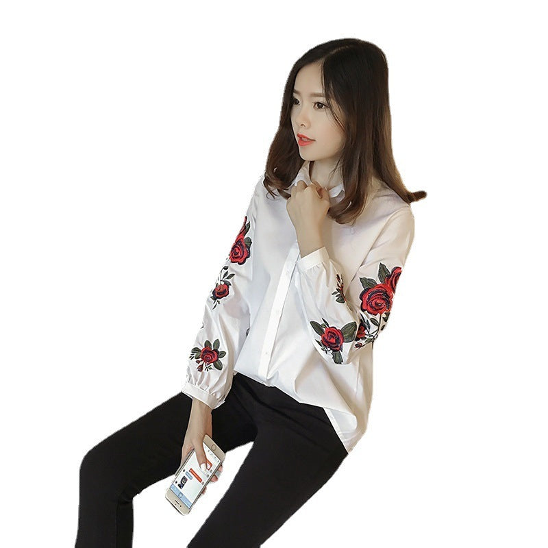 Striped Shirt Women's Long Sleeve Loose Flower Embroidered French Top