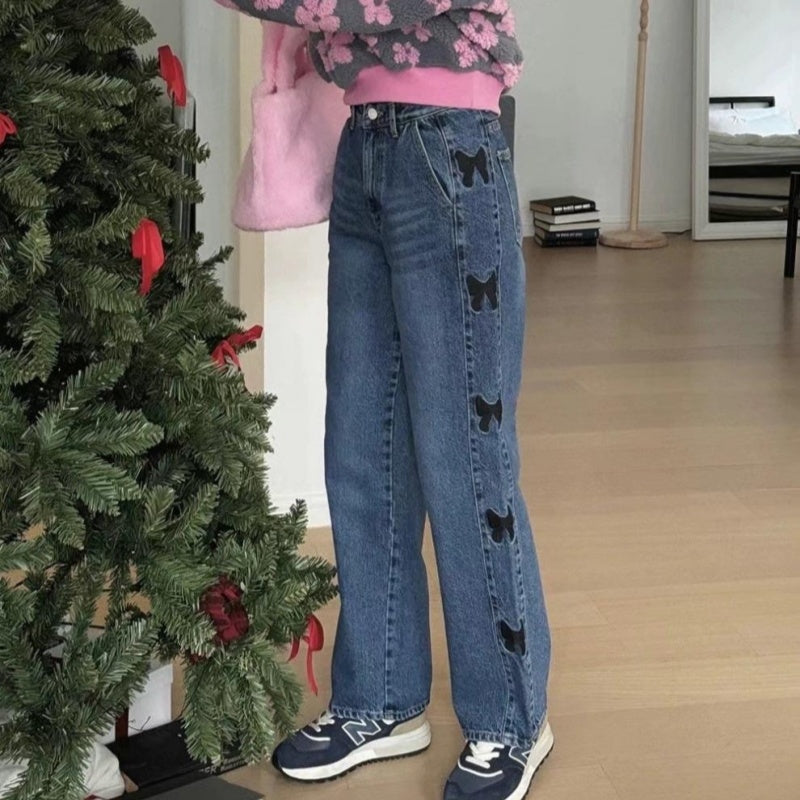 Embroidered Bow Cute Teenage Leisure Blue Jeans