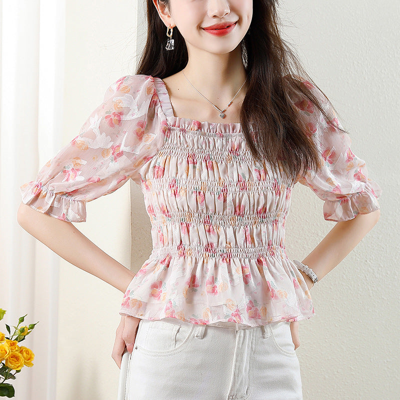 Women's French-style Square Collar Floral Shirt