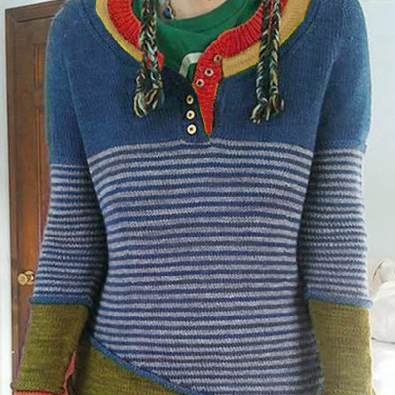 Autumn New Striped Color Matching Sweater Women's Casual Sweater