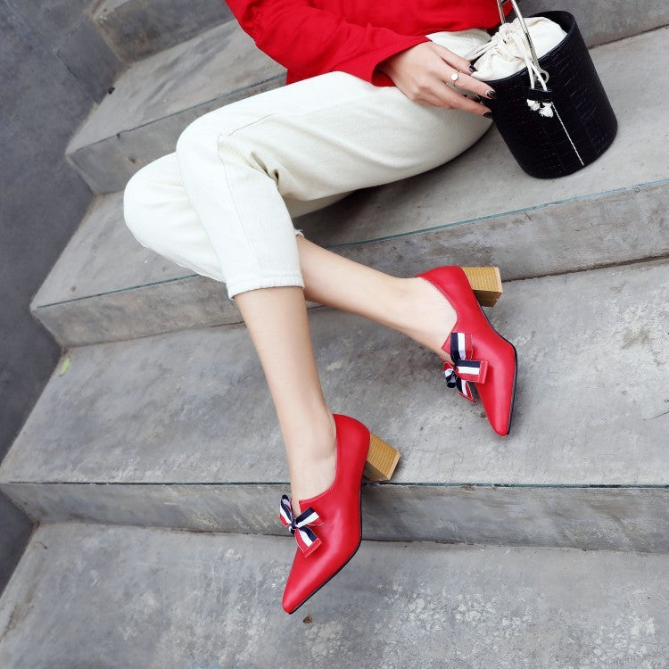 Thick heel bowknot single shoe