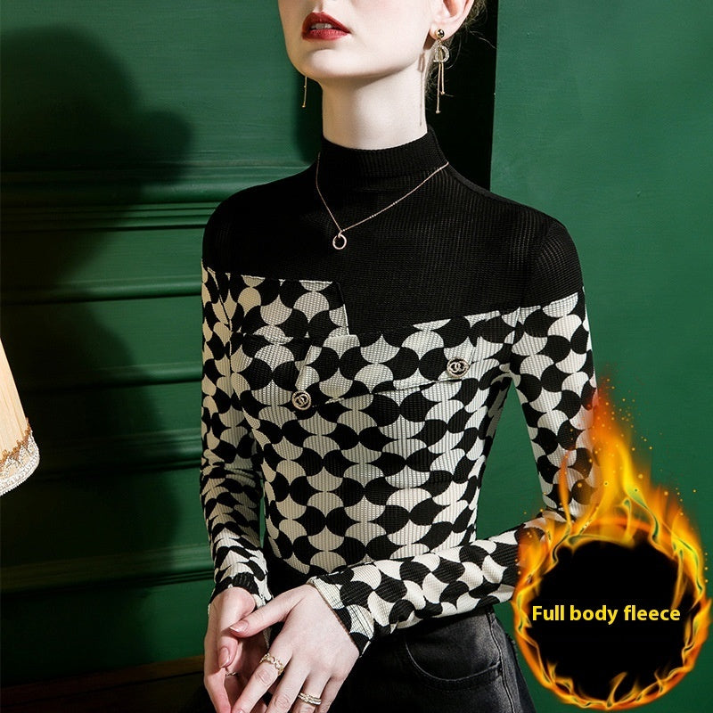 Women's Half-turtleneck Printed Stitching Bottoming Shirt