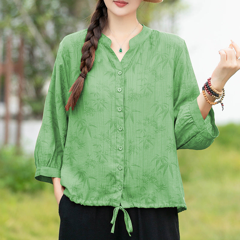 Multi-Color V-neck Pleated Loose Short Sleeve Shirt
