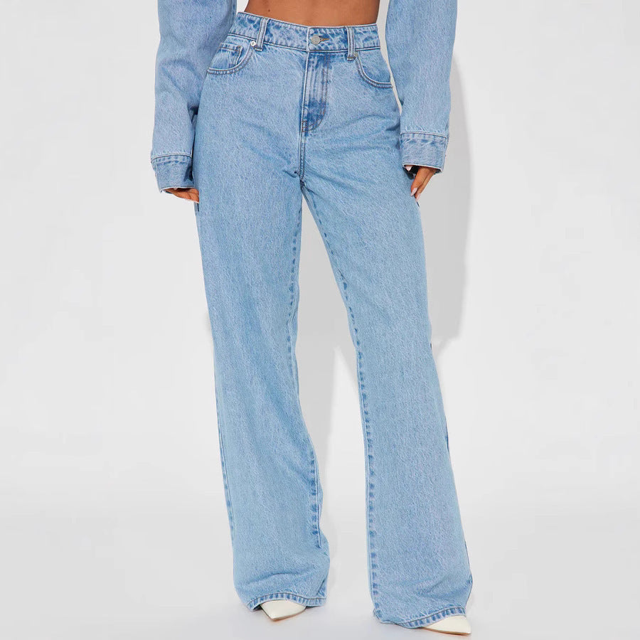 Straight Slimming Trousers Love Pocket High Waist Loose Jeans