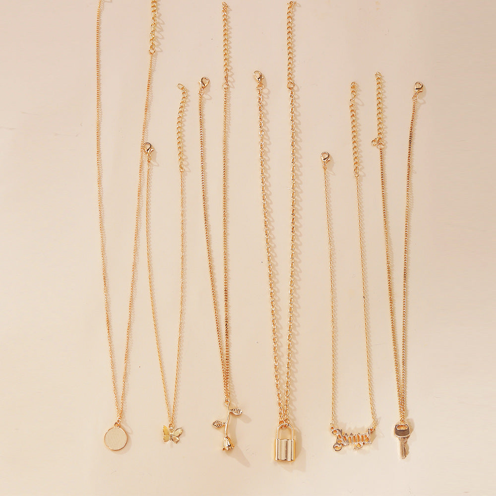 fashion jewelry Multi-layer Creative Simple Lock Rose Pendant Necklace Suit