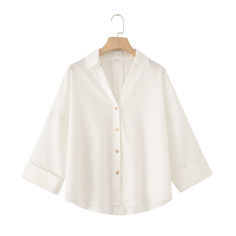 Linen Blended Wide Sleeve V-neck Temperament Shirt