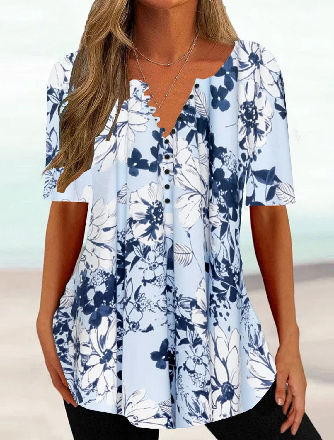 Digital Printing Women's Loose And Comfortable Single-breasted Short Sleeve