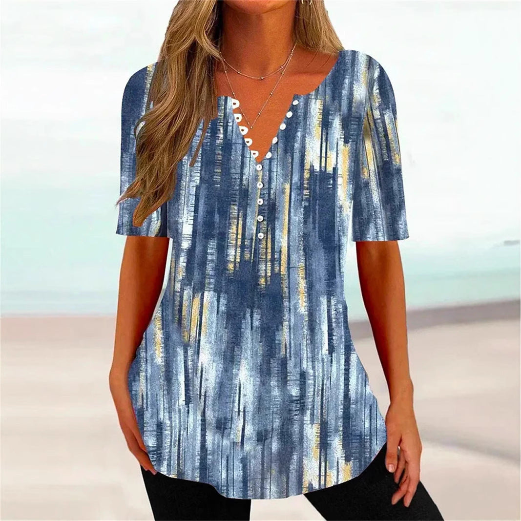 Digital Printing Women's Loose And Comfortable Single-breasted Short Sleeve