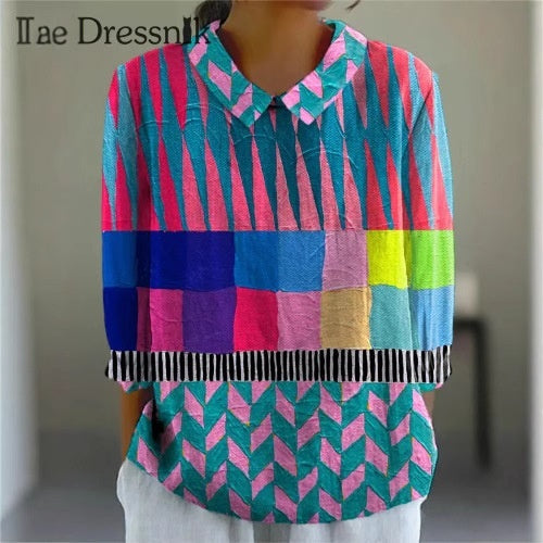 Women's Flower Digital Printed 34 Sleeves Shirt Top T-shirt Batch