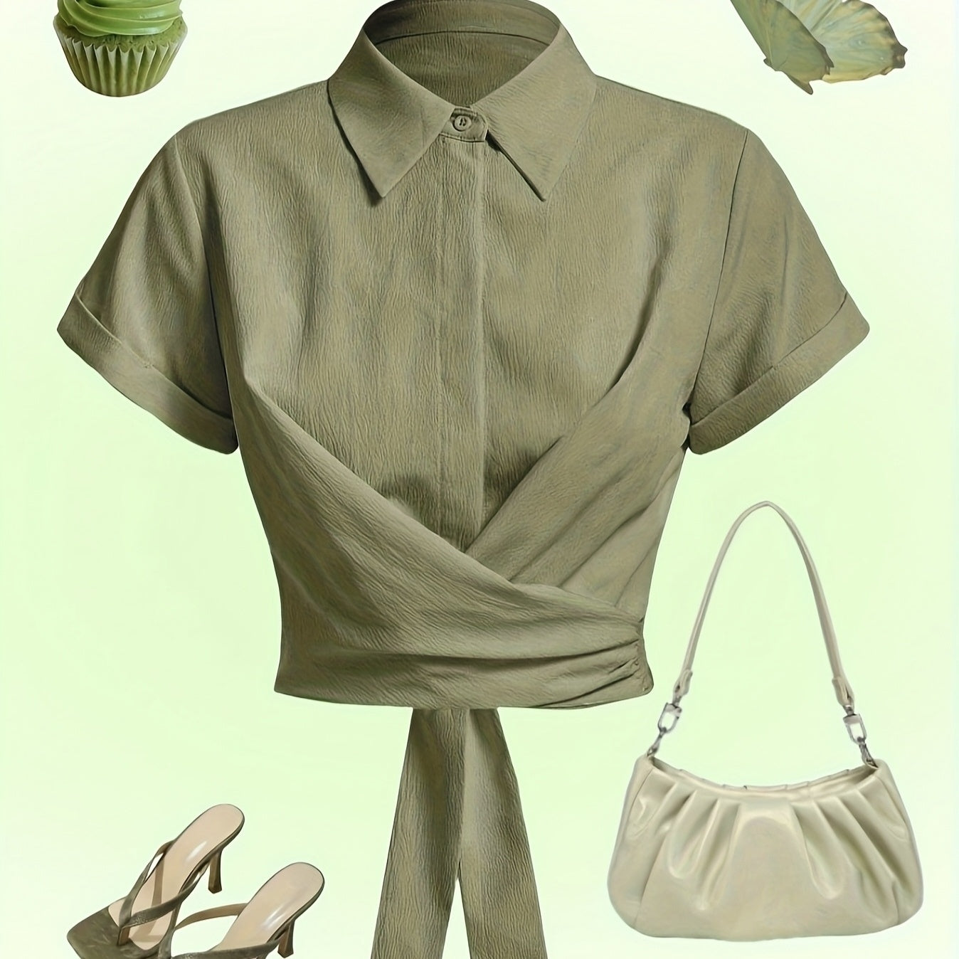 Ladies' Fashionable And Elegant Short Sleeved Lapel Waist Cross Strap Design Solid Color Shirt