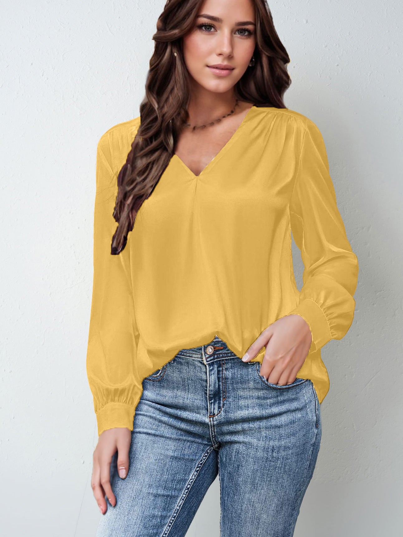 Satin Pleated Long-sleeved Top V-neck Casual Loose Shirt