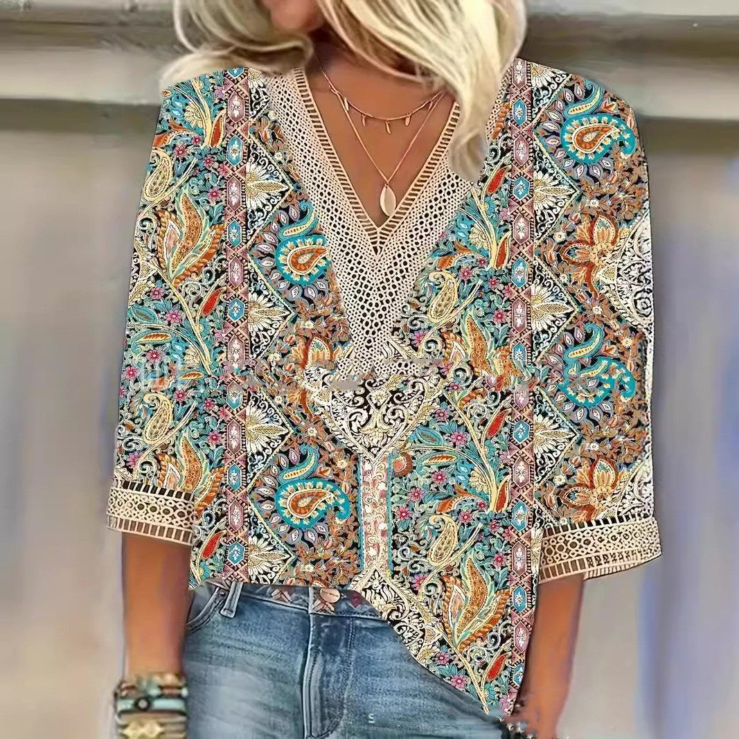 Women's Casual V-neck Stitching Lace Short Sleeve