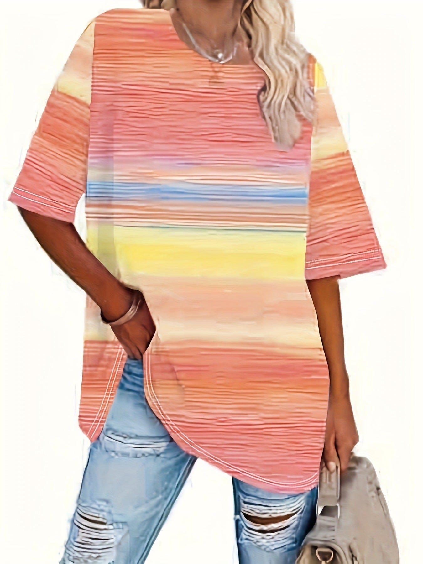 Round Neck Short Sleeve Gradient Print Loose Short Sleeve