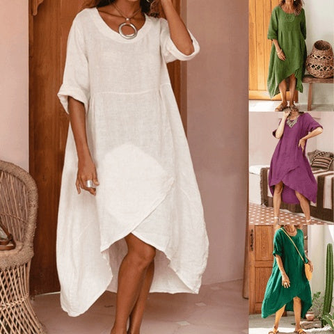Women Maxi Dress Neck Pocket Summer Loose Casual Baggy Robe Female Retro Long Dresses