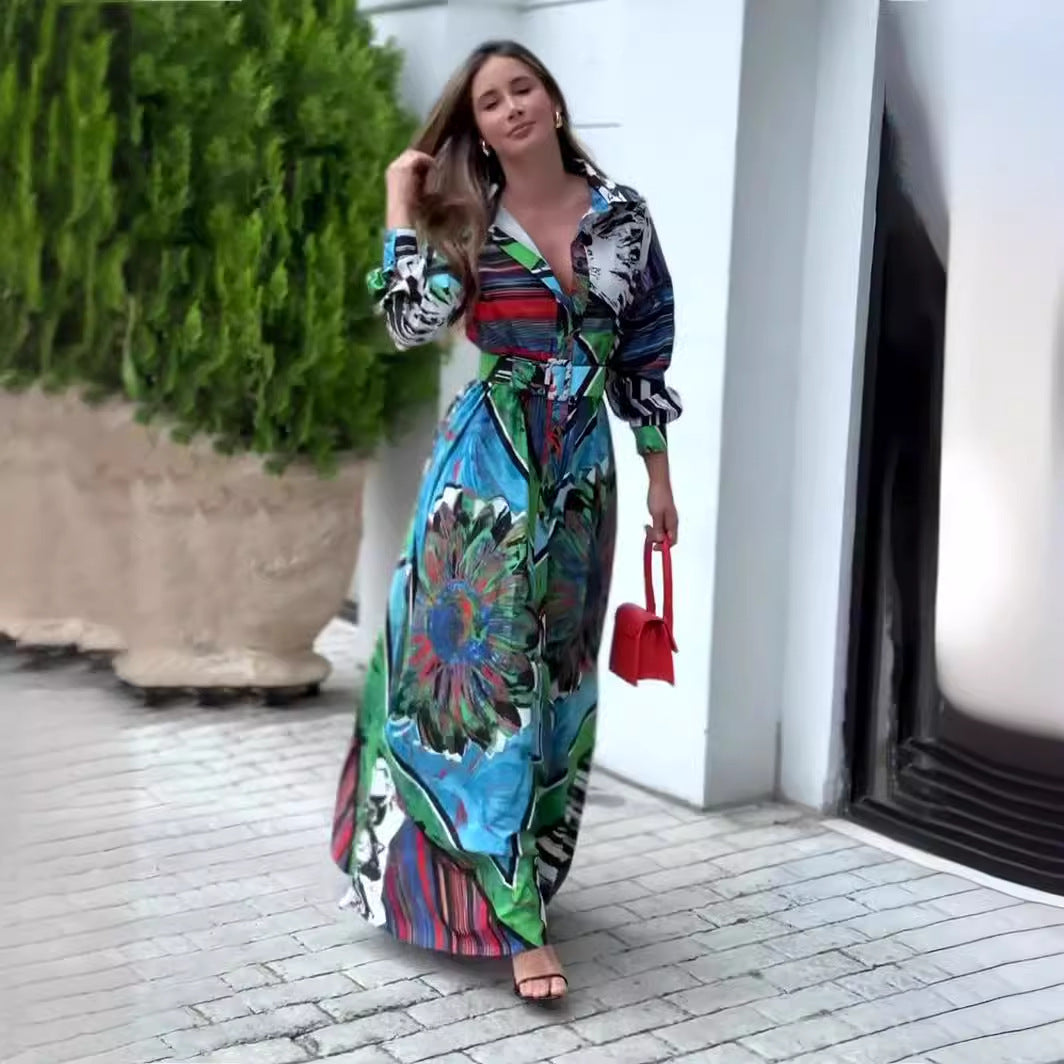 Printed Dress Long Sleeve Cardigan Belt Long Dress