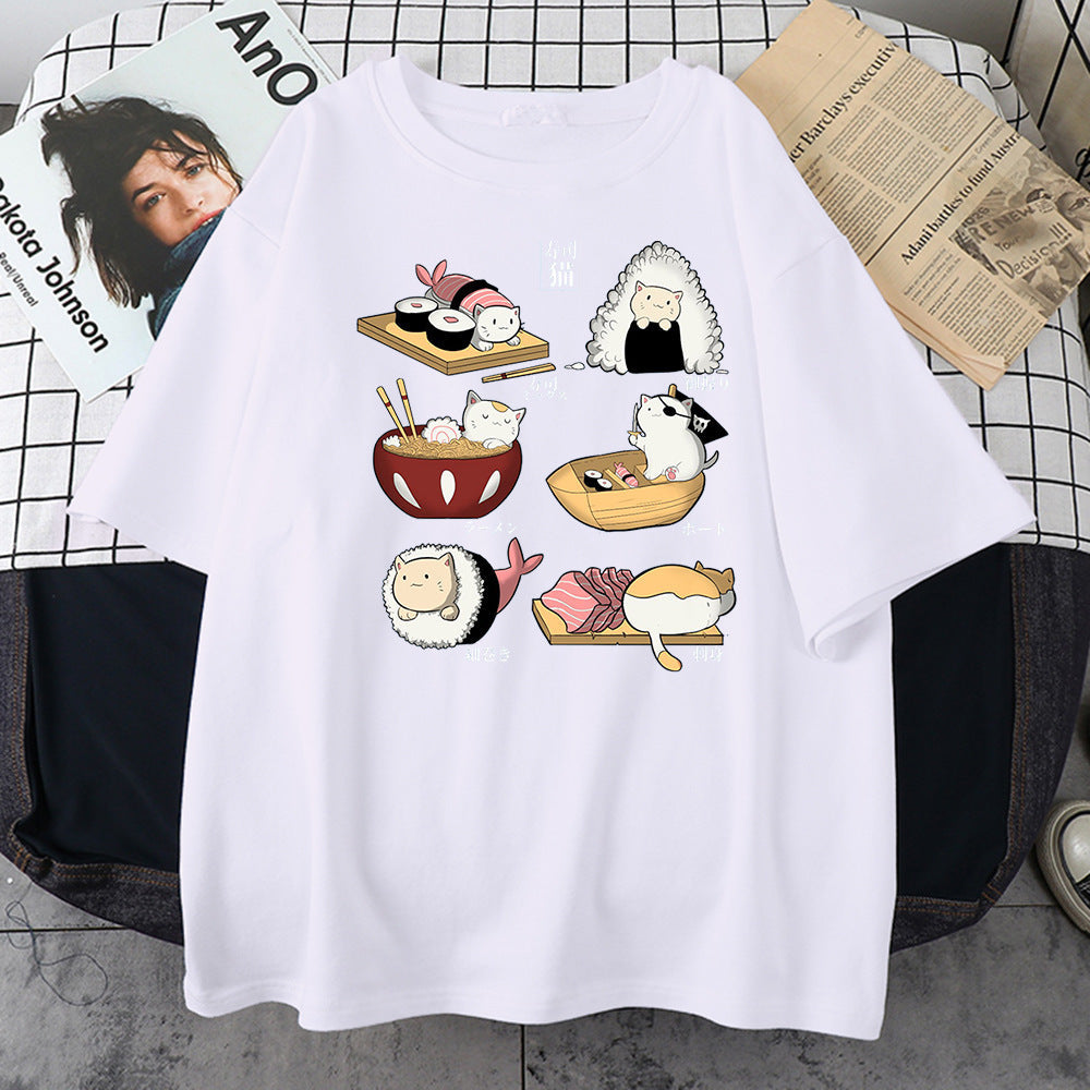 H Cute Cat Sushi Cartoon Style Mens Cotton Short Sleeve