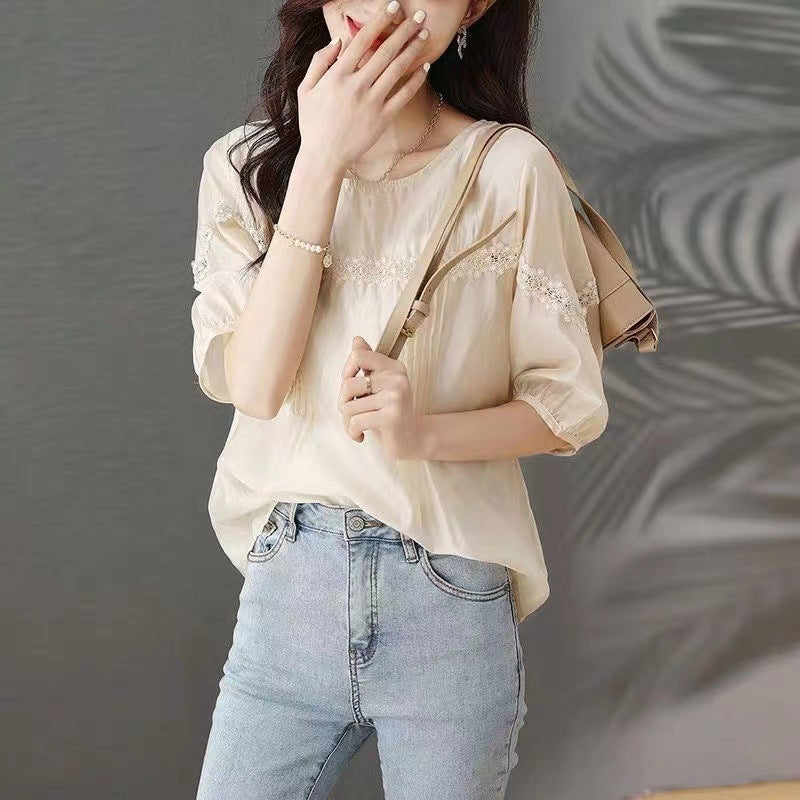 Design Sense Puff Sleeve Shirt Women's Lace