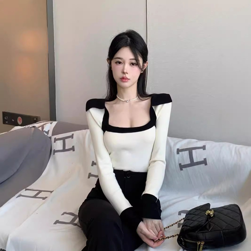 Women's Contrast Color Square Collar Long Sleeve Knitwear