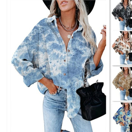 Corduroy Digital Printing Long Sleeve Buckle Loose Oversized Shirt