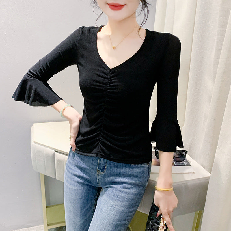 Korean Style Fashionable Printed Ruffle Sleeve Wrinkle-closing Slim Fit Small Shirt Top