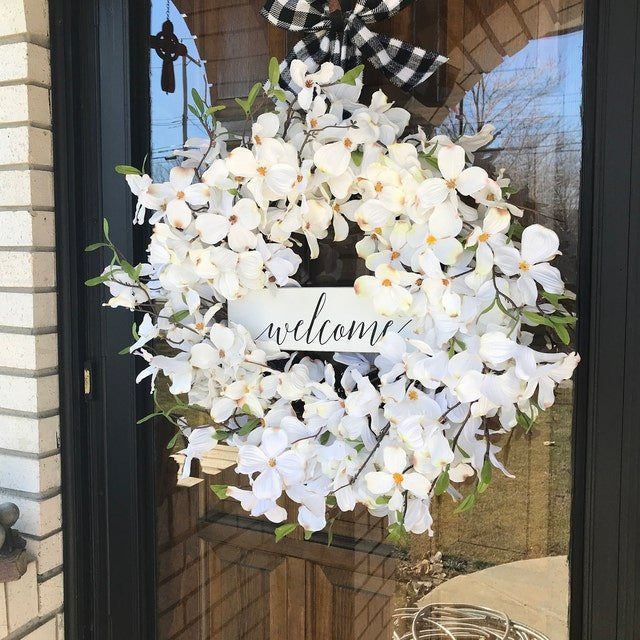 White Flower Wreath Buffalo Plaid Front Door Pendant