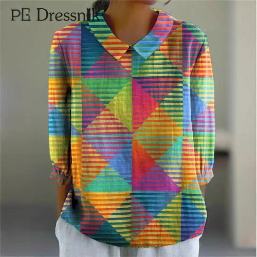 Women's Flower Digital Printed 34 Sleeves Shirt Top T-shirt Batch